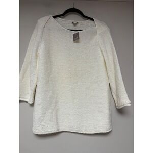 J Jill Cream Textured Knit 3/4 Sleeve Boat Neck Pullover Sweater Top L